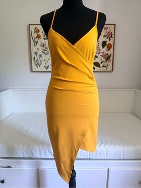 Blue Blush Asymmetrical Slip Dress in Mustard Yellow